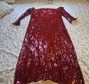 Zara Red Sequin Midi Dress with White Trim